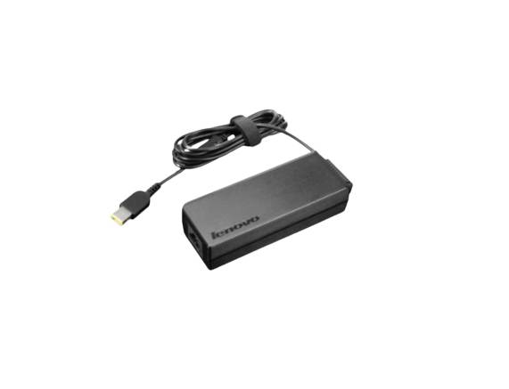 Sort Lenovo-laptopstrømadapter med tilsluttet rullet opladningskabel og USB-C-lignende stik på hvid baggrund