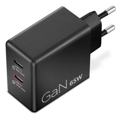Sort GaN 65W væglader med to USB-C porte og europæisk toben stik.