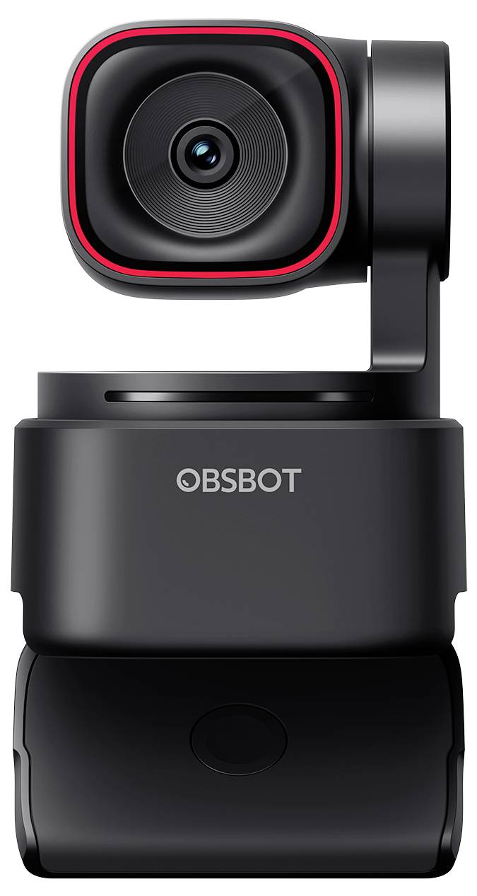Sort OBSBOT-webcam med en gimbal-monteret linse og rødt accent, vist fra forside på hvid baggrund.