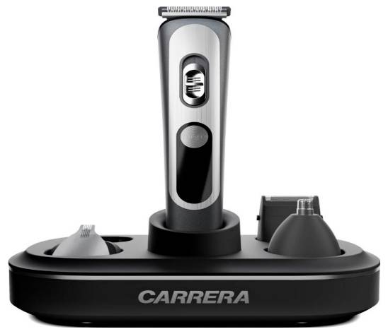 Sort og sølvfarvet Carrera grooming dock med en elektrisk barbermaskine og to clipper-tilsætninger på en opladningsbase.