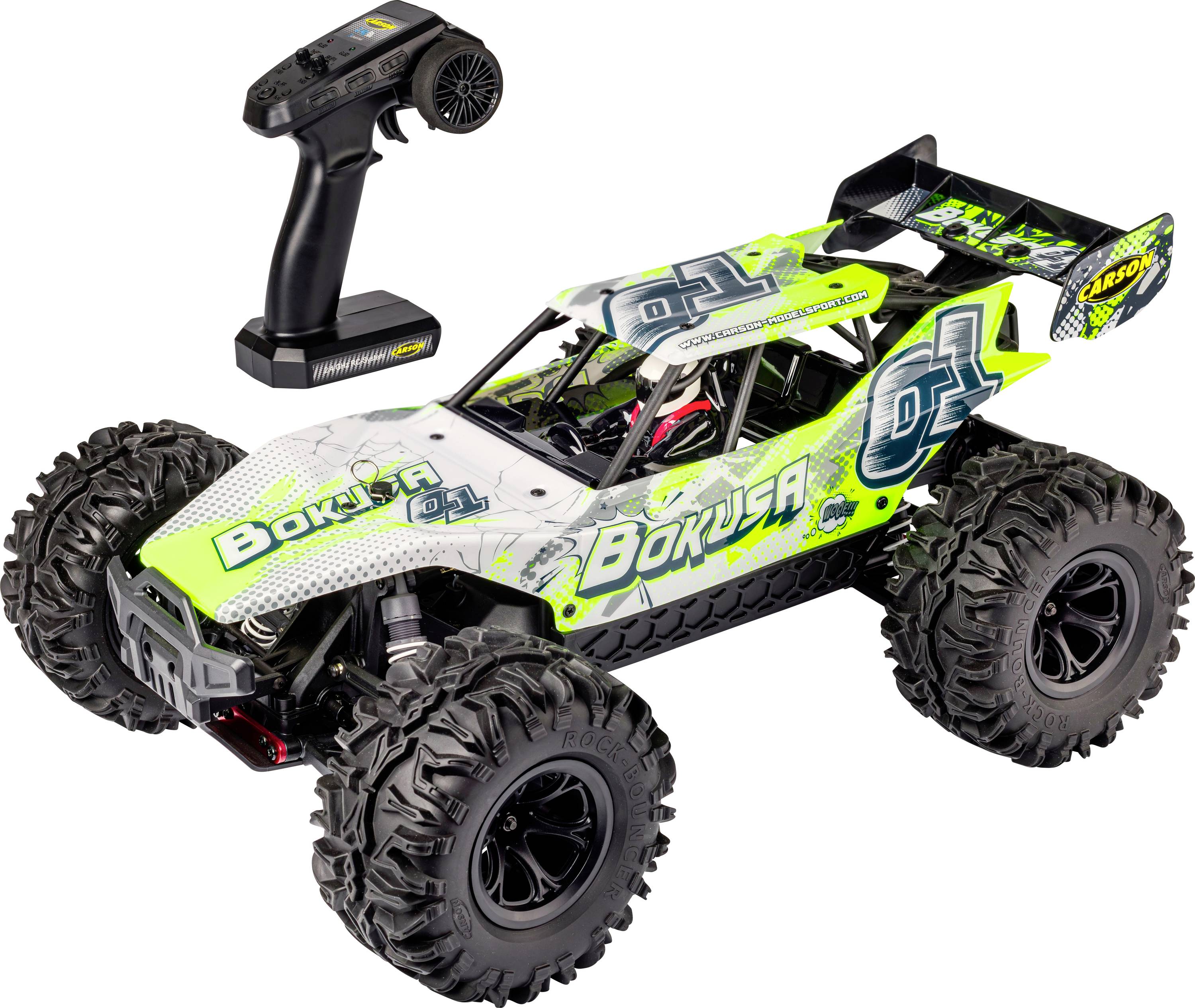 Fjernbetjent off-road buggy med neon grøn og hvid 'BOKUSA' livery og håndholdt sender på hvid baggrund.
