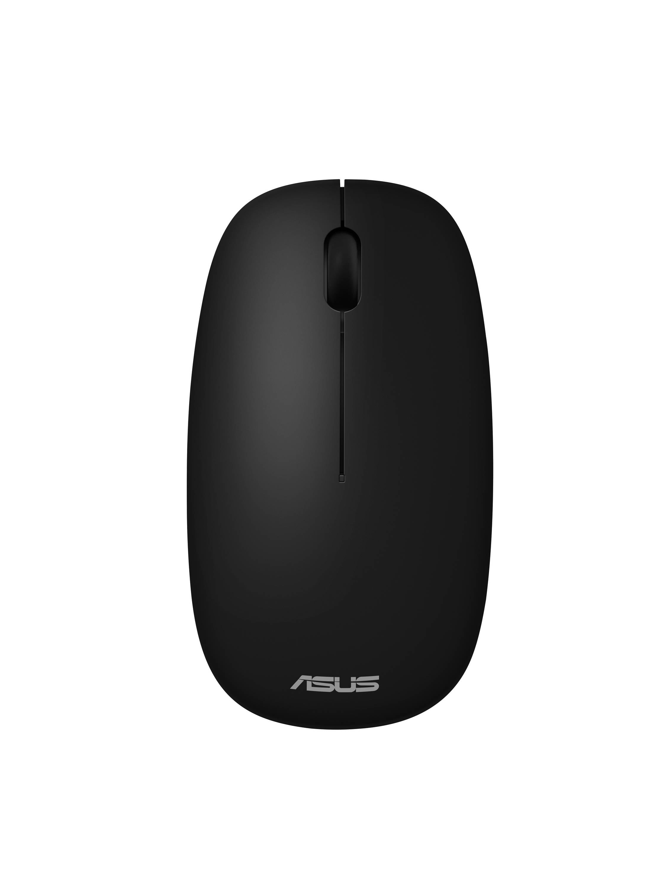 Sort ASUS trådløs mus vist oppefra på hvid baggrund.