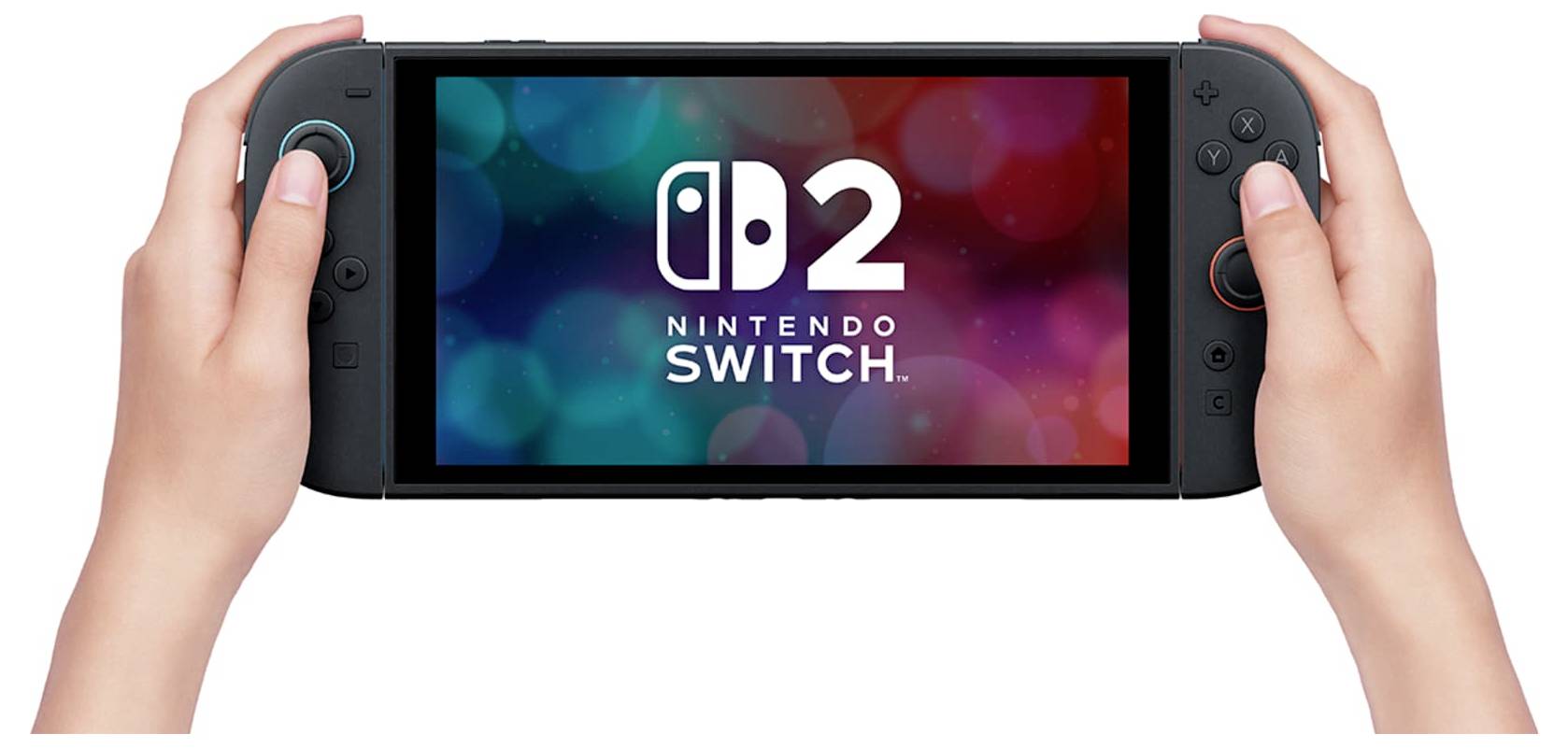 Hænder, der holder en Nintendo Switch 2-konsol med 'Nintendo Switch 2'-logoet vist på dens skærm.