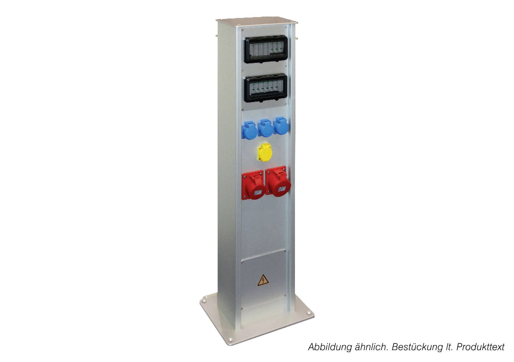 Høj metalelektrisk distributionspiedestal med to målere og flere blå, gule og røde stikkontakter på frontpanelet.