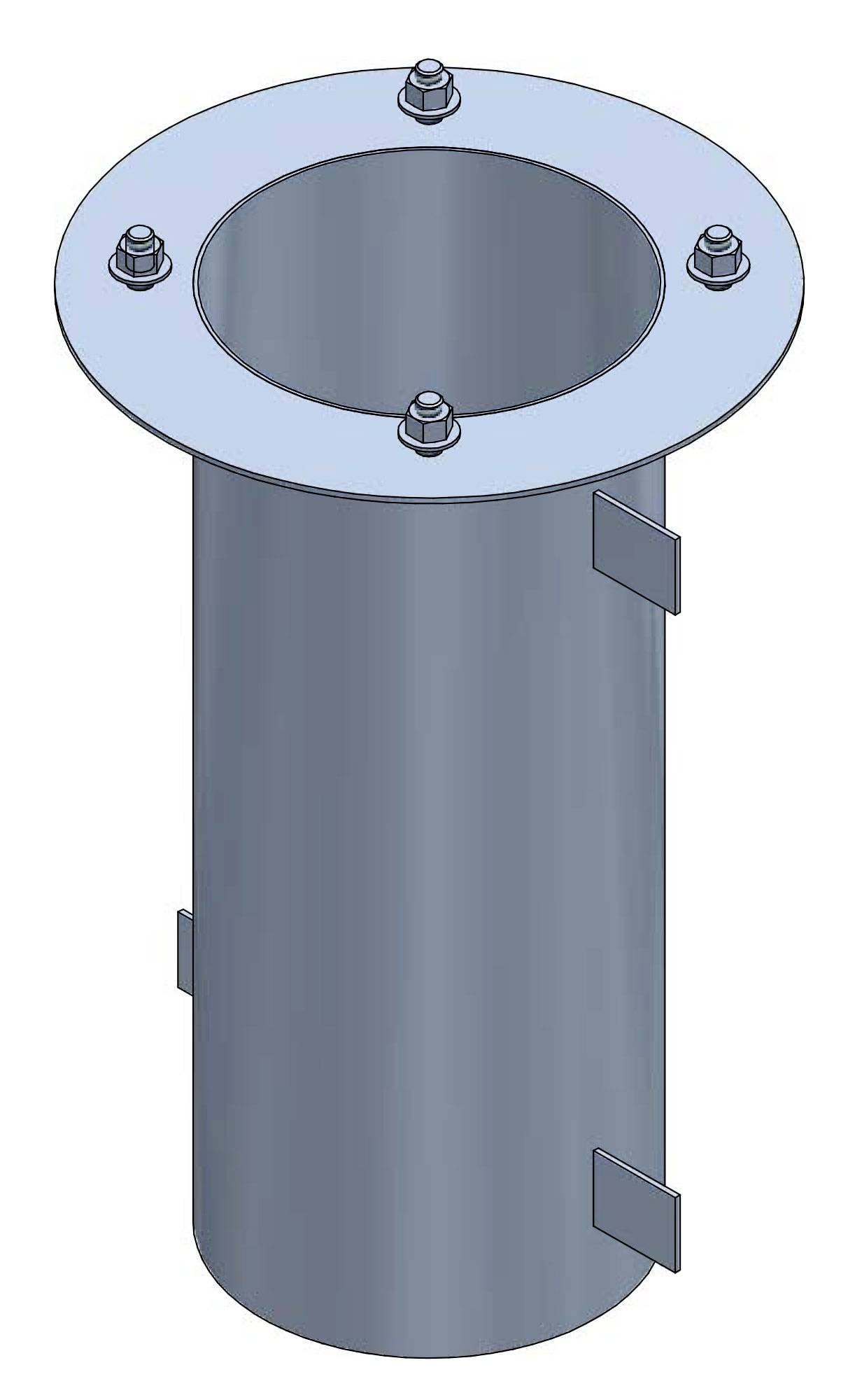 Cylindrisk metalrørsektion med en boltforbundet flange øverst og tre sidemonteringstabs, der stikker ud fra kroppen.