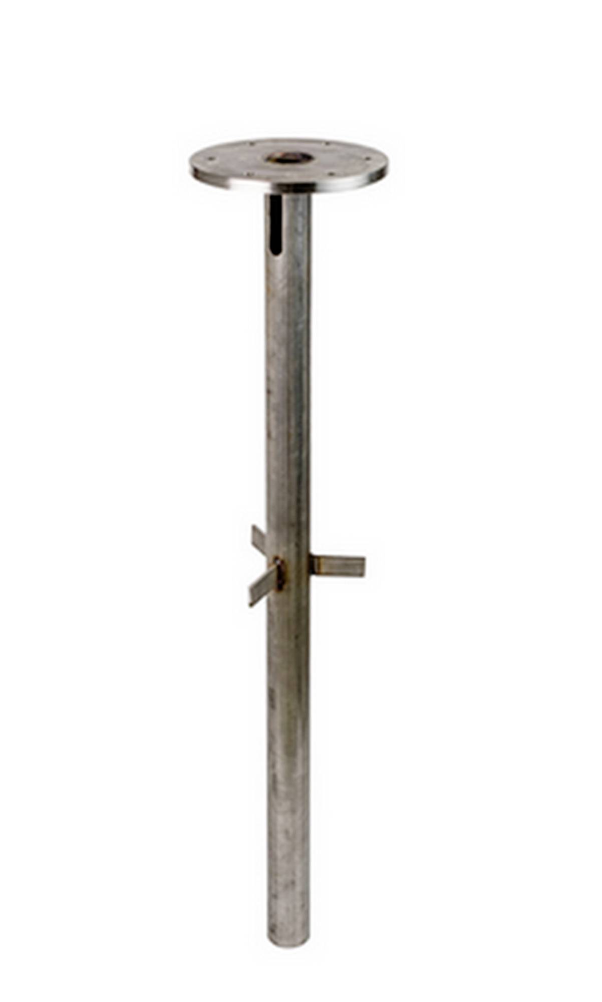 Metalstøttestolpe med rundt topbræt og sidejusteringsklamper på hvid baggrund.