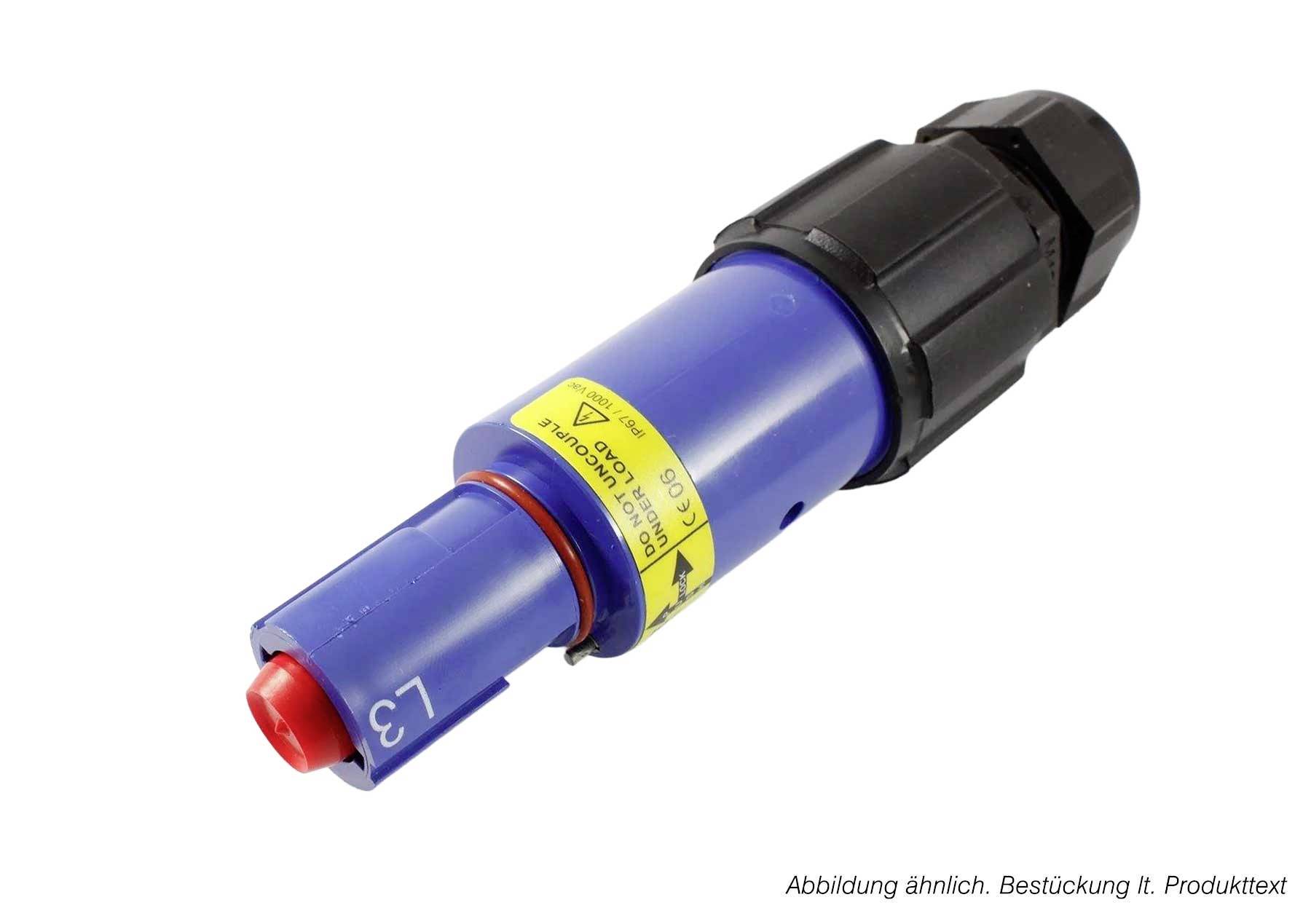 Blå cylindrisk industriel sensor eller stik med sort hætter og rødt tip, mærket 'L3', vist på hvid baggrund.