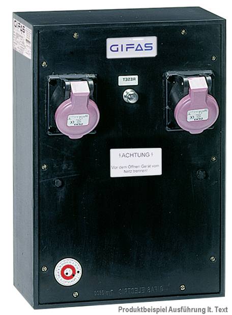 Sort elektrisk distributionskab mærket 'GIFAS' med to rosa dækkede stikkontakter og en advarsel 'ACHTUNG! Vor dem Öffnen Gerät vom Netz trennen' på forsiden.