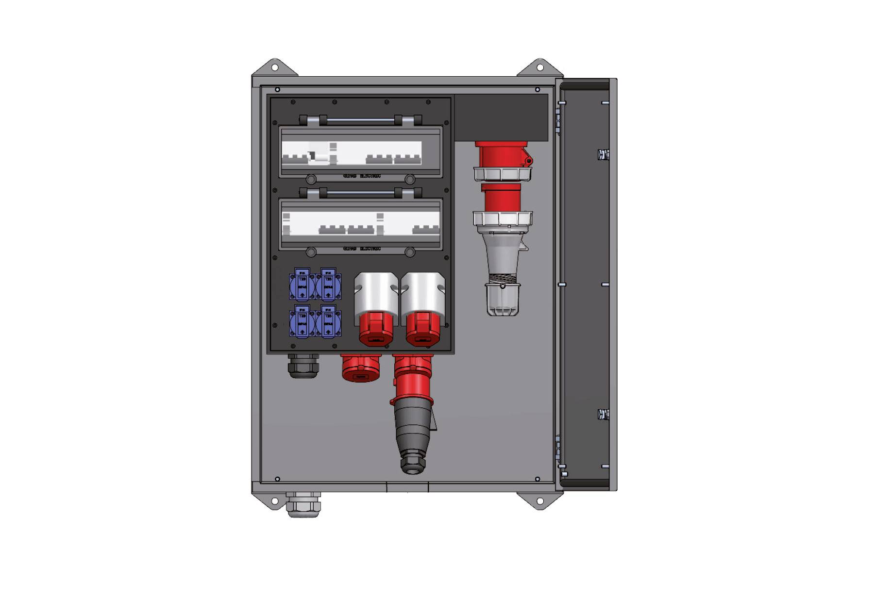 Frontalview af et industrielt elektrisk/kontrolpanel med monterede stikforbindelser, relæer og kabelgennemføringer inde i et gråt kabinet.
