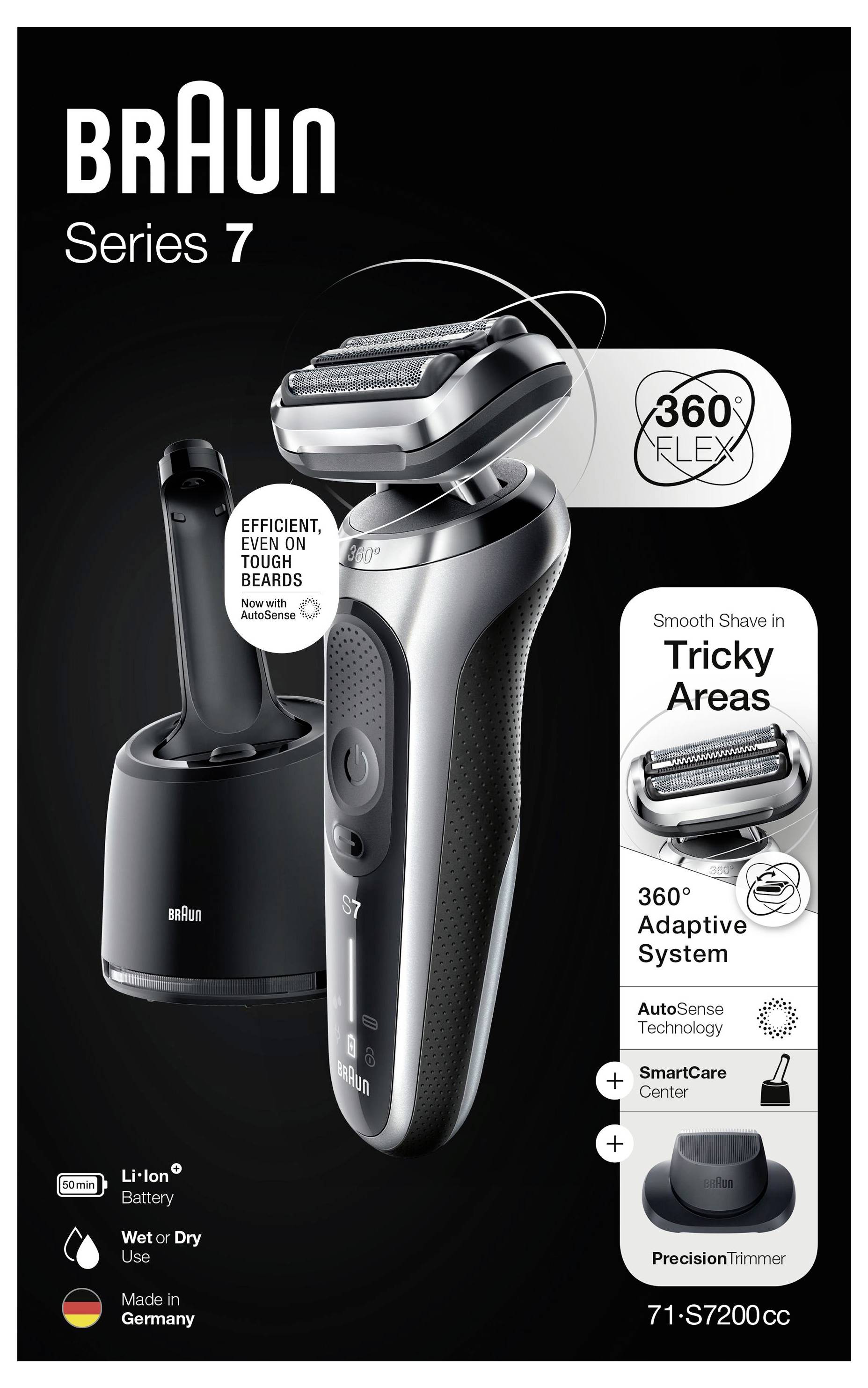 Braun Series 7 elektrisk barbermaskine med opladningsstation, mærket 360° Flex, Våd eller Tør, og 71-S7200cc.