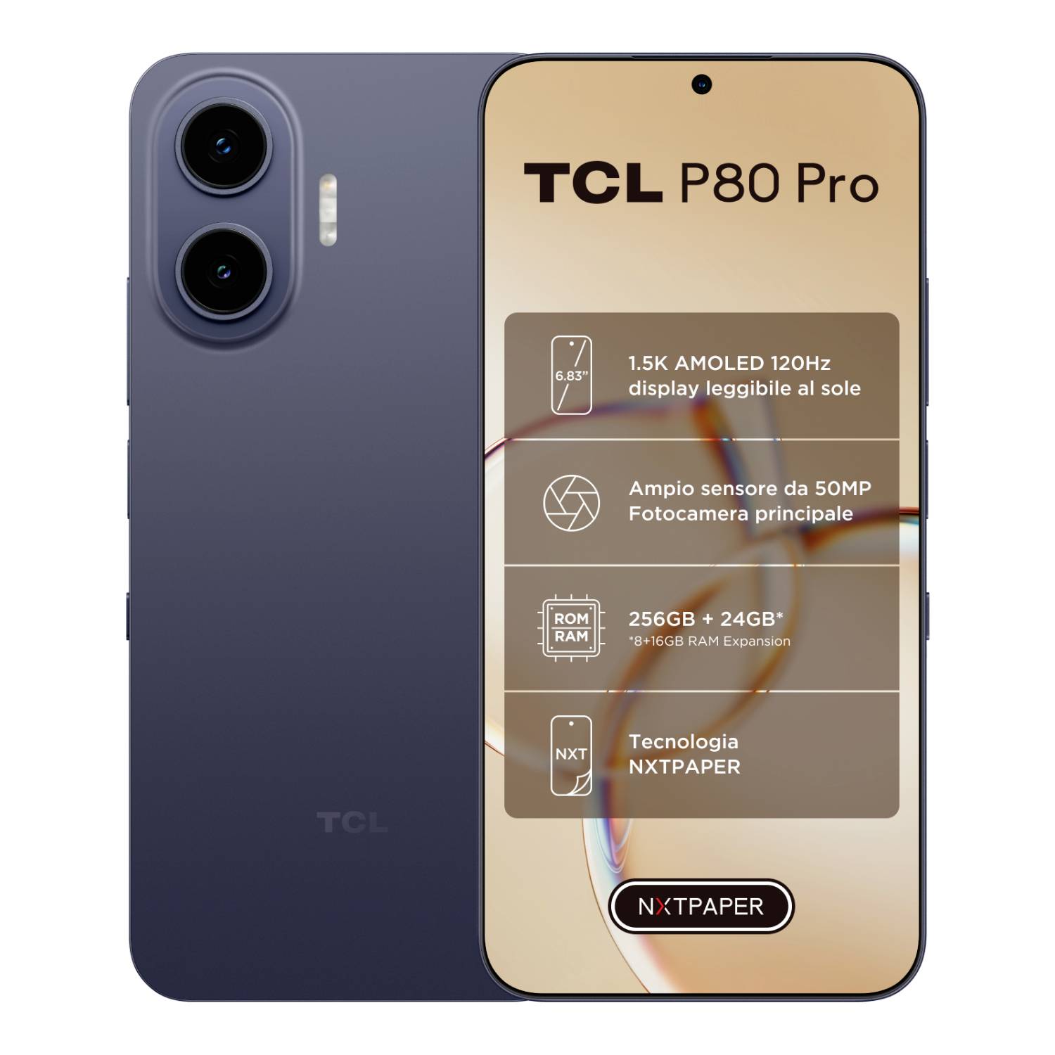 TCL P80 Pro smartphone vist forfra og bagfra, der fremhæver 1.5K AMOLED 120Hz display, 50MP hovedkamera, 256GB+24GB RAM, og NXTPAPER-teknologi.