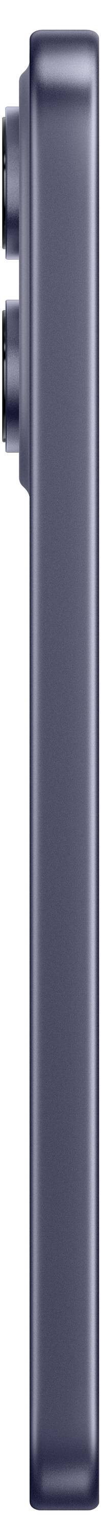 Sidevisning af en mørkegrå smartphone eller tablet med en tyk metallisk kant, vist vertikalt.