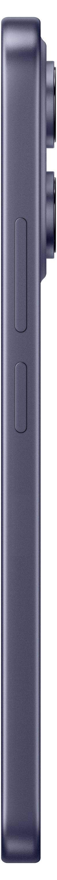 Sideview af en mørkegrå smartphone, der viser dens tynde profil med sideknapper.