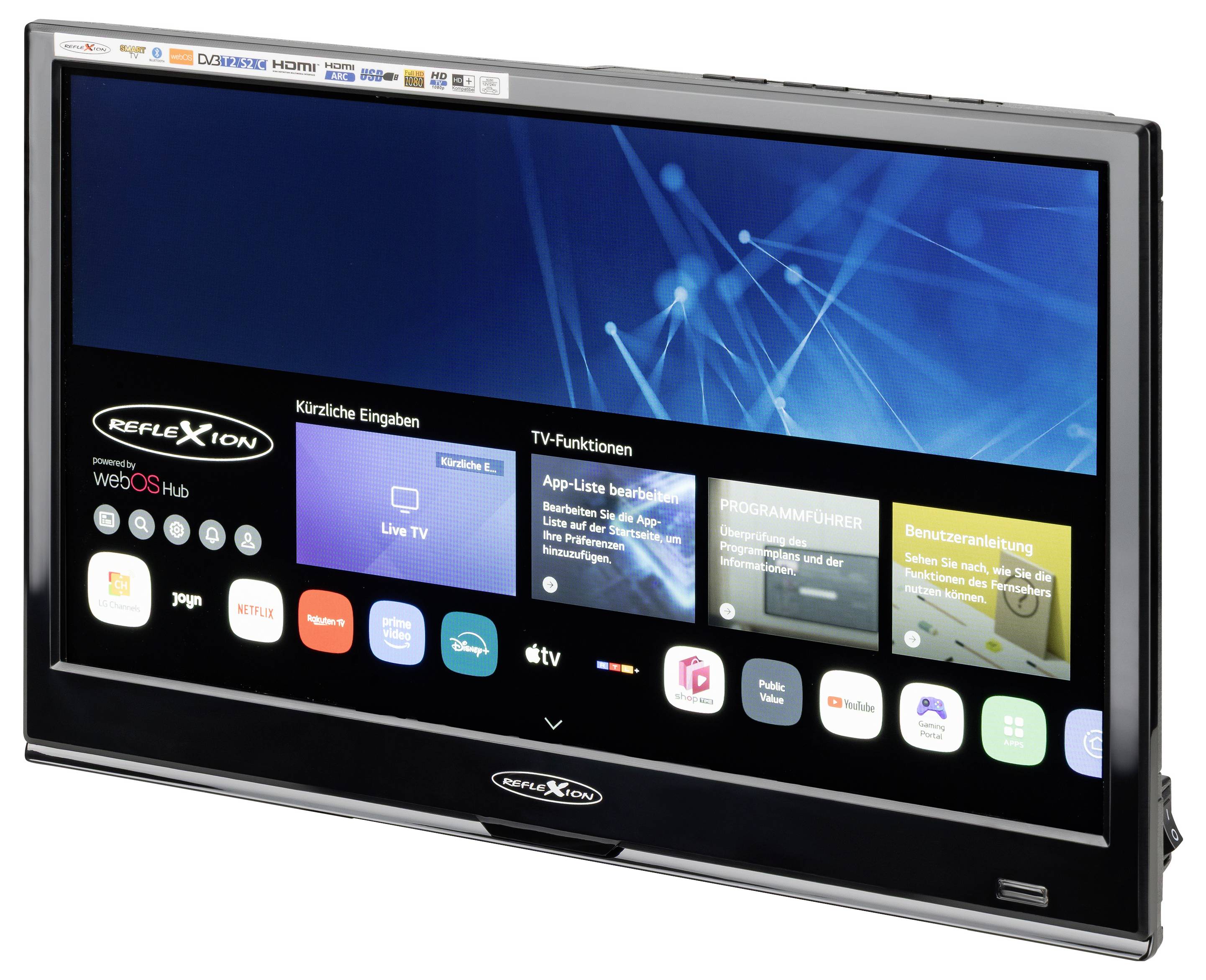 Fladskærms-tv, der viser et webOS-startskærmbillede med app-felter, seneste inputs og TV-funktioner på en blå abstrakt baggrund.