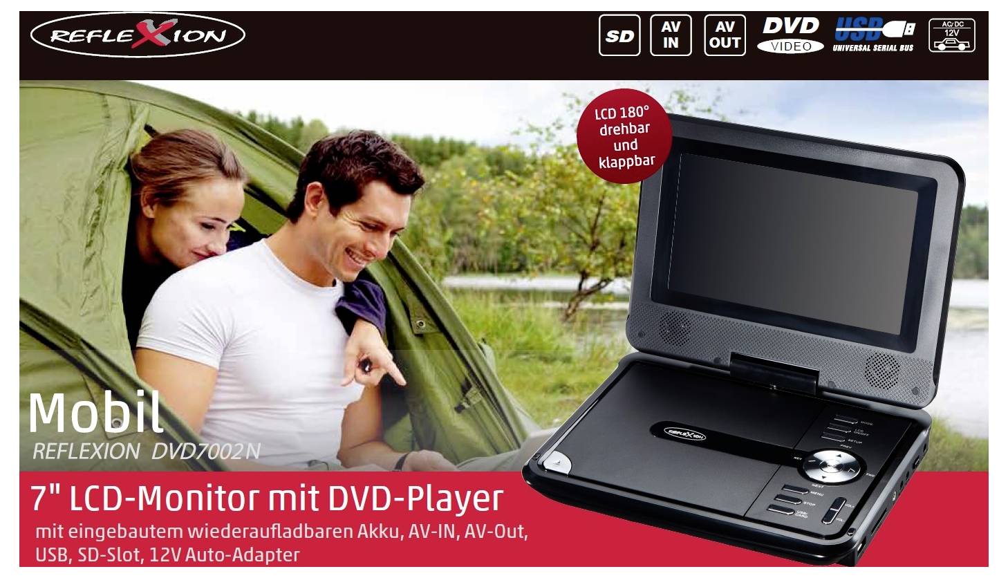 Reflexion bærbar 7-tommer LCD DVD-afspiller med udklappelig skærm, vist ved siden af et par i et telt; teksten fremhæver AV-ind/ud, USB, SD-slot og 12V-adapter.