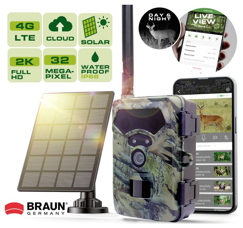 Browning-stil solarpanelkamera til naturovervågning med telefonapp og live visning, med 4G LTE, cloud, 2K fuld HD, 32MP og vandtæt IP66-funktioner.