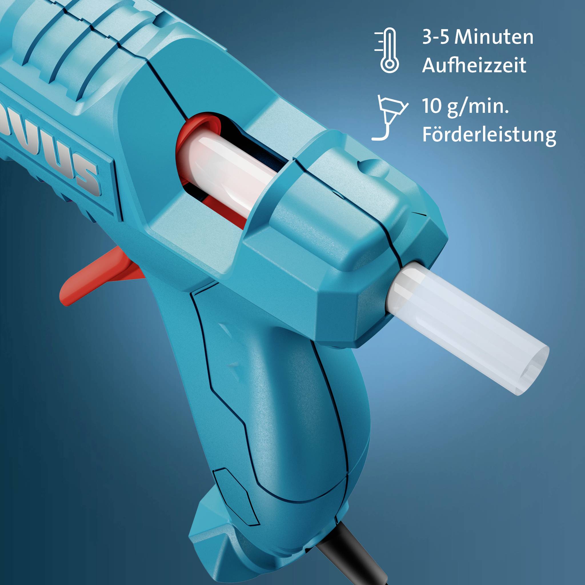 Blå limpistoil der dispenser en hvid limstift, med tysk tekst der angiver '3-5 Minuten Aufheizzeit' og '10 g/min. Förderleistung'.