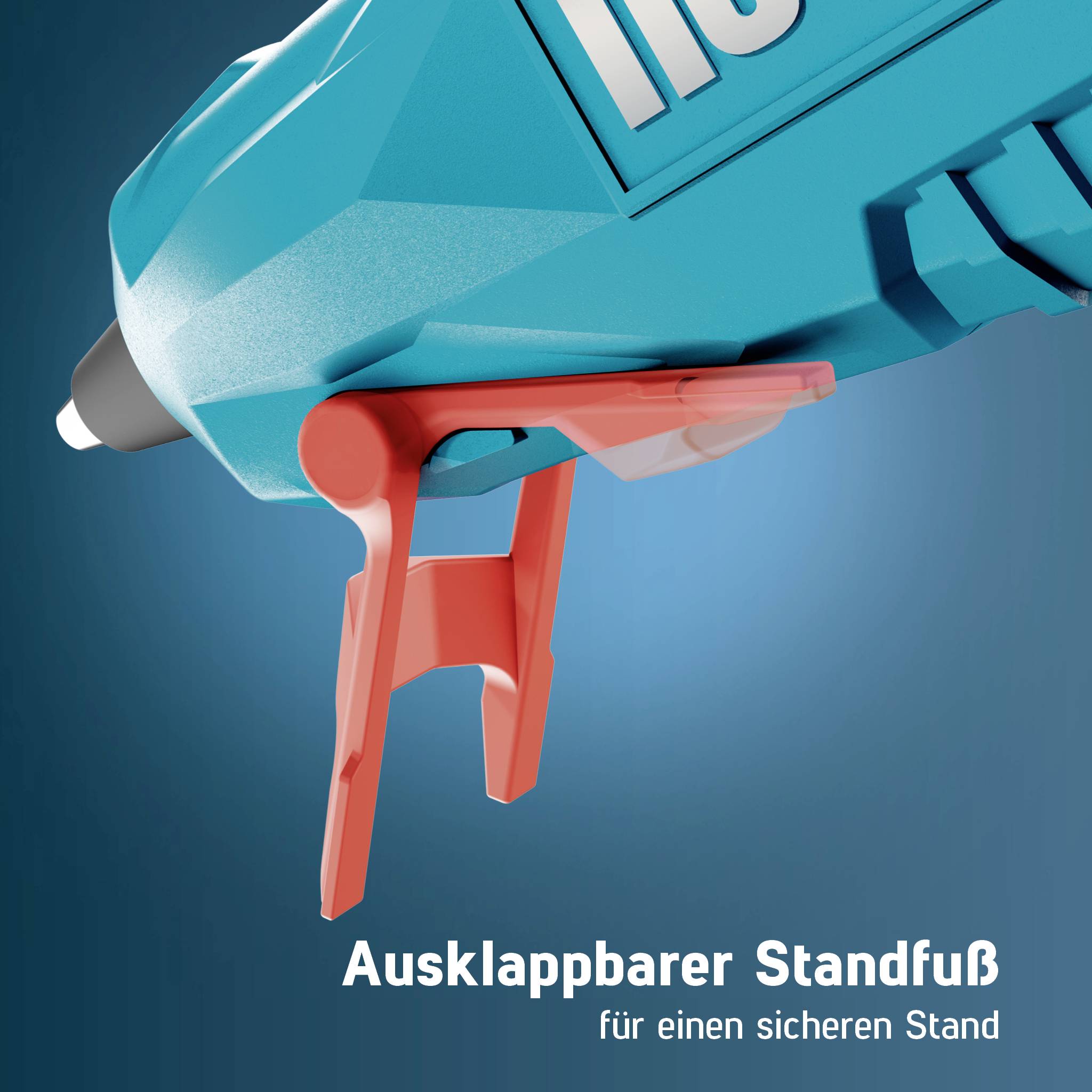 Nærbillede af en limpistol med en udfoldelig stativ mærket 'Udfoldeligt stativ til sikker stabilitet', der viser støttefoden for stabilitet.