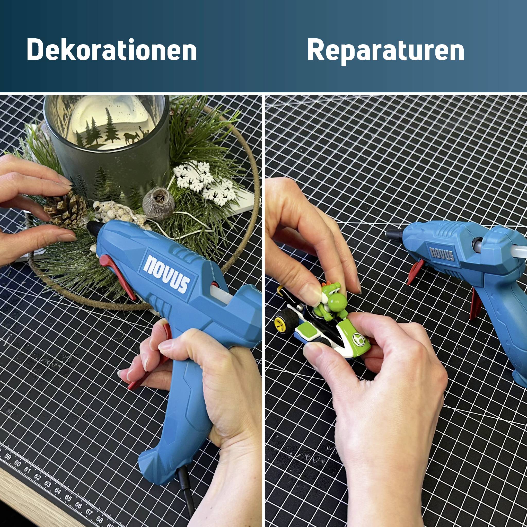 Billede i to dele, der viser en varmtlimpisol brugt til 'Dekorationer' på et blomsterbaseret håndværk og til 'Reparationer' på en lille legetøjsbil.