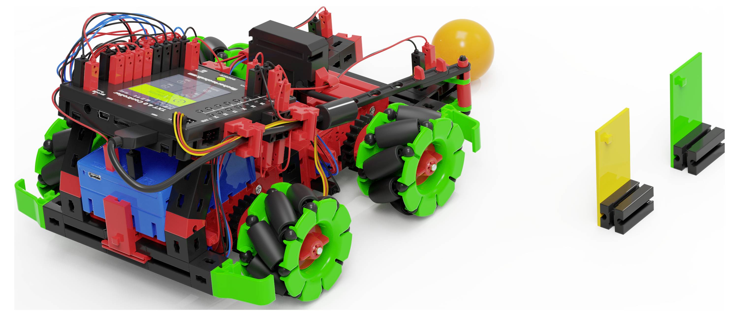 Farverig LEGO-stil robotbil med fire hjul, ledninger, et kontrolmodul og en gul sensor i fronten, vist på en hvid baggrund.