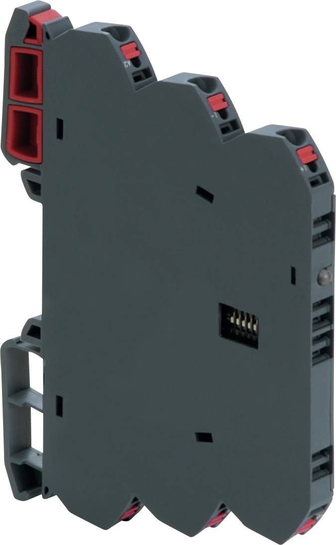 Mørkegrå industriel elektronisk modul med røde terminaler og sidestik, vist isoleret på hvid baggrund.