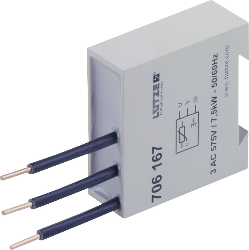 Grå elektrisk kondensator eller filtermodul med tre eksponerede sorte ledninger og trykte specifikationer på huset.