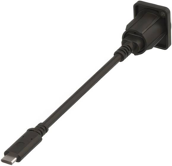 Sort USB-C-kabel med kvadratisk stik og USB-C-stik vist på hvid baggrund.