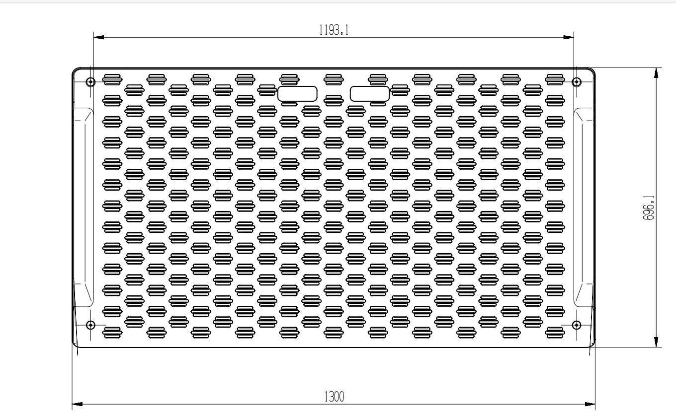 Teknisk tegning af et rektangulært perforeret metalpanel med afrundede hjørner, monteringshul og dimensioner mærket 1193,1 mm bredt gange 658,1 mm højt.