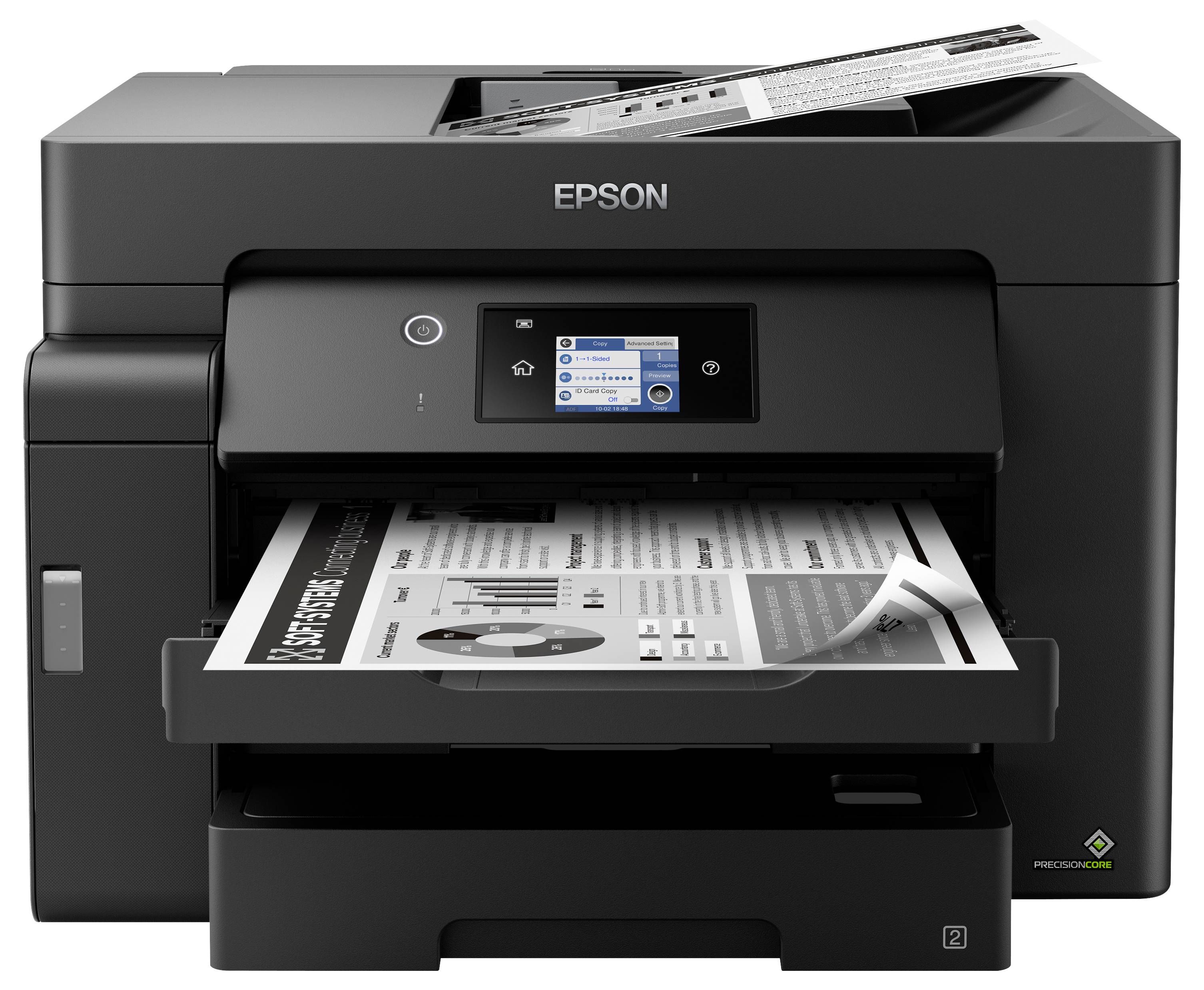 Sort Epson alt-i-en printer aktivt udskriver et farvedokument fra fronttablet, med synligt berøringsskerm-kontrolpanel.