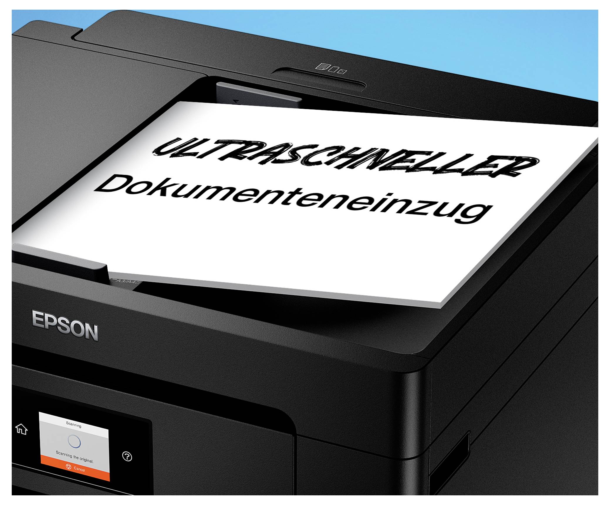 Epson-printer der scannerer et dokument mærket 'ULTRASCHNELLER Dokumenteneinzug' på flatbed-låget.