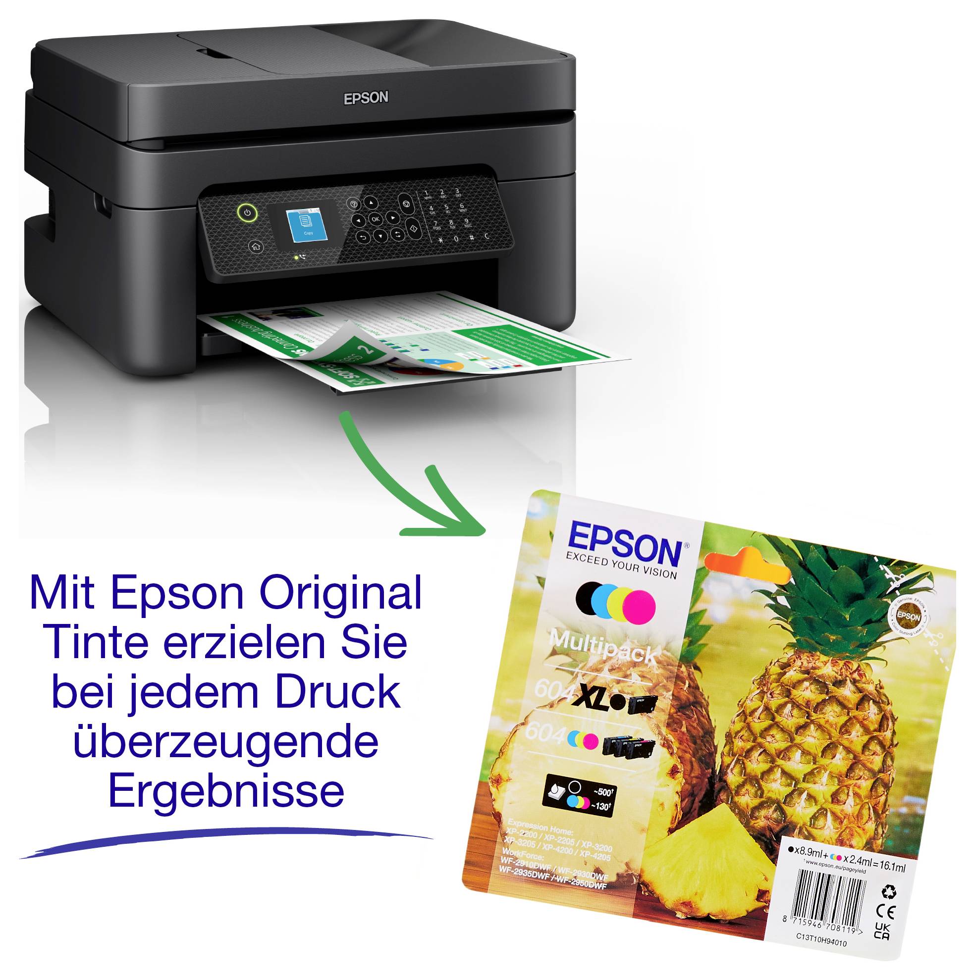 Epson printer printing pages, with arrow pointing to Epson ink cartridges and Danish text: 'Med Epson Original blæk opnår du overbevisende resultater ved hver udskrivning'