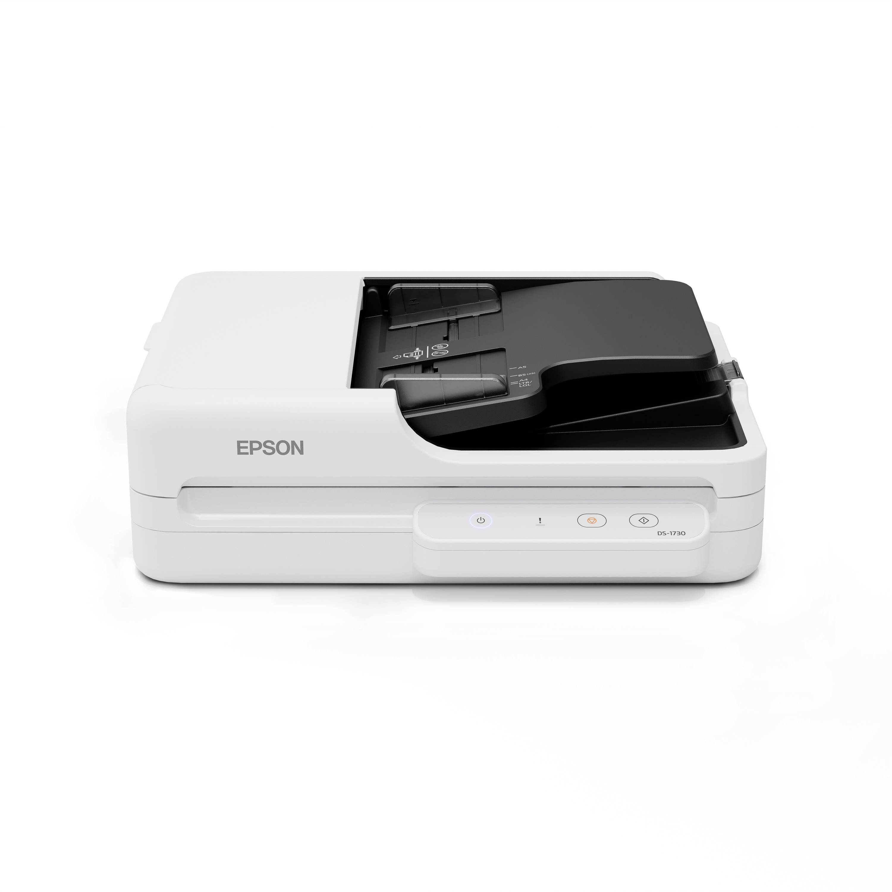 Hvid Epson-scanner eller printer på en plain hvid baggrund, vist forfra med papirføderen åben.