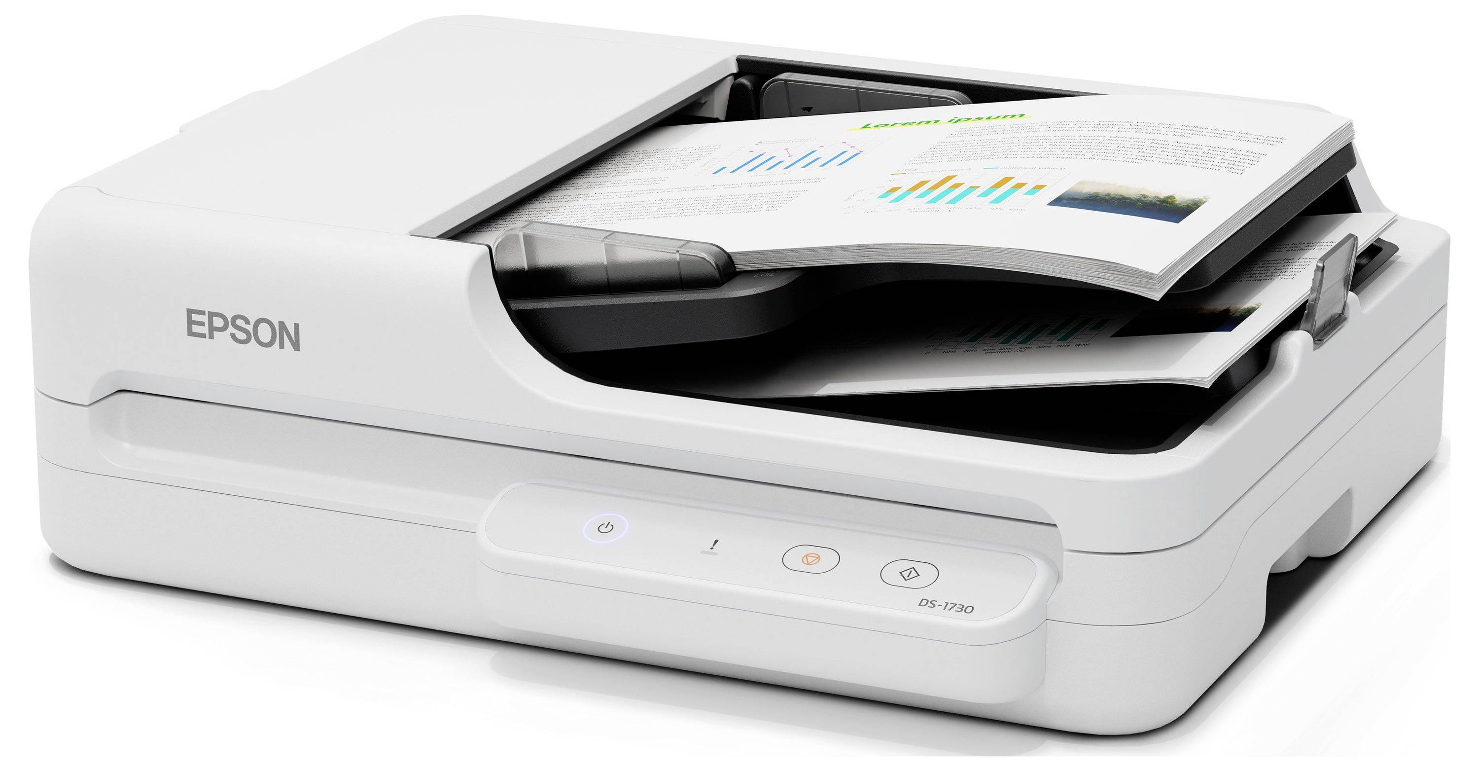 Hvid Epson dokumentscanner med åbent låg, der scanner en side med diagrammer og tekst på glaspladsen.