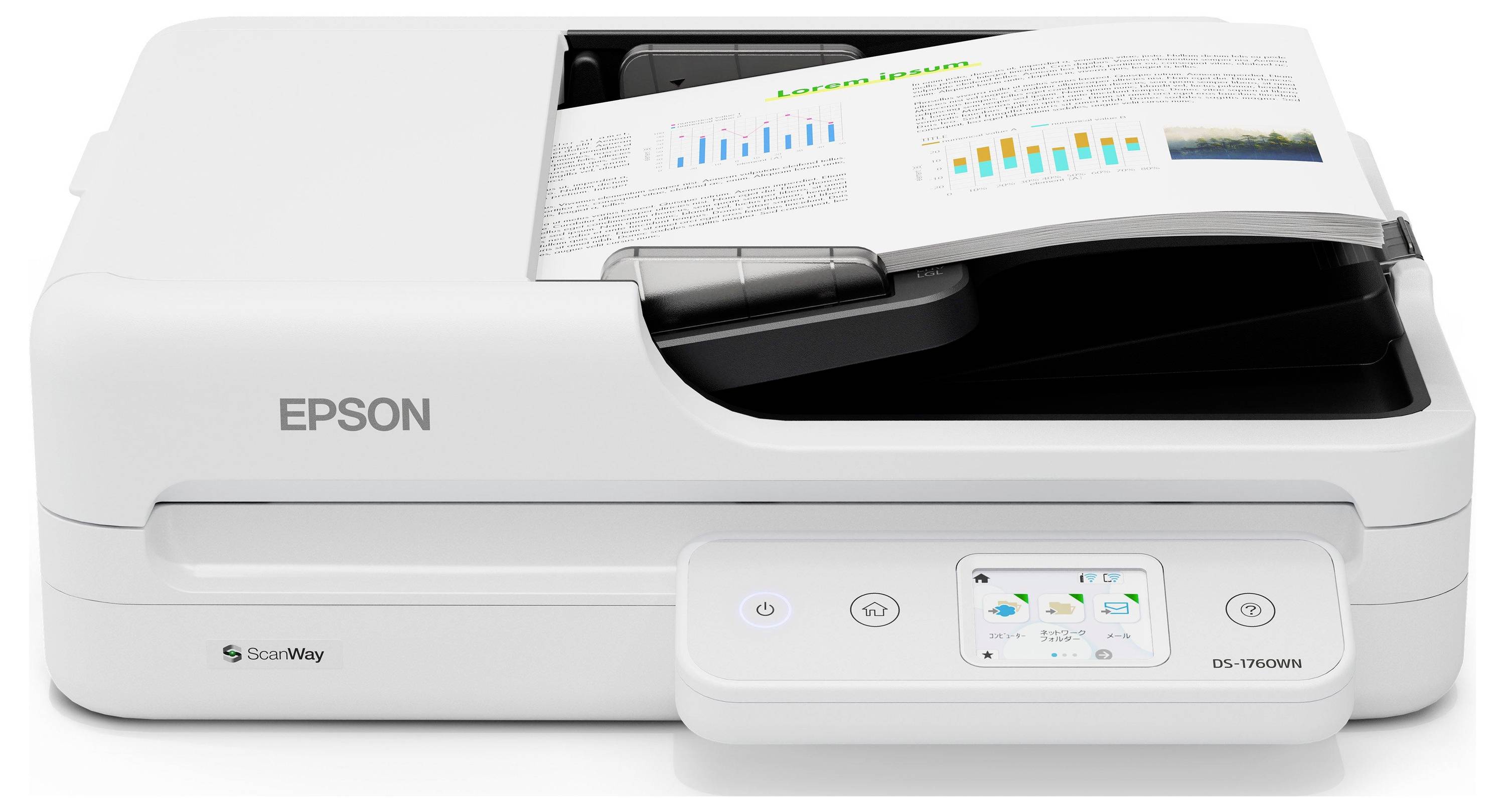 Epson ScanWay dokumentscanner med åben låg og en side vist på touchskærmen, vist på hvid baggrund.