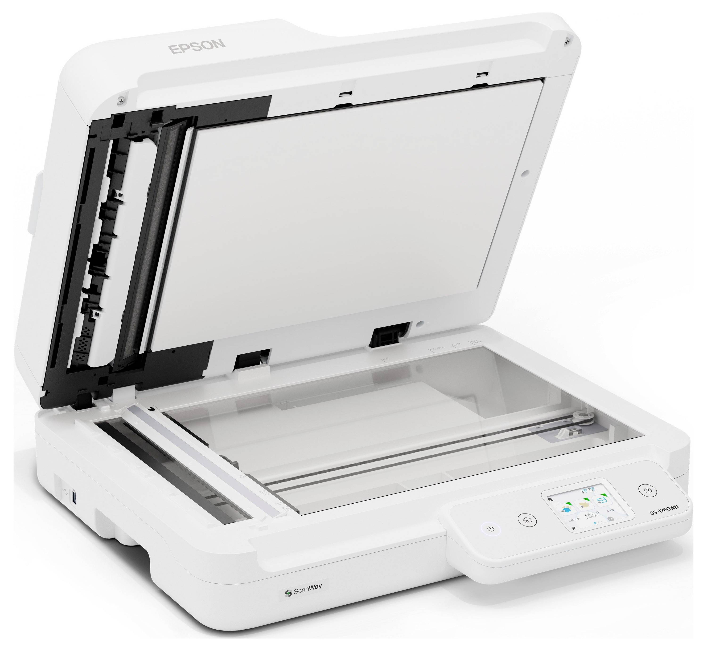Åben flatbed-scanner med løftet låg, der viser glasscanningsfladen og kontrolpanelet på en hvid Epson ScanSnap-enhed.