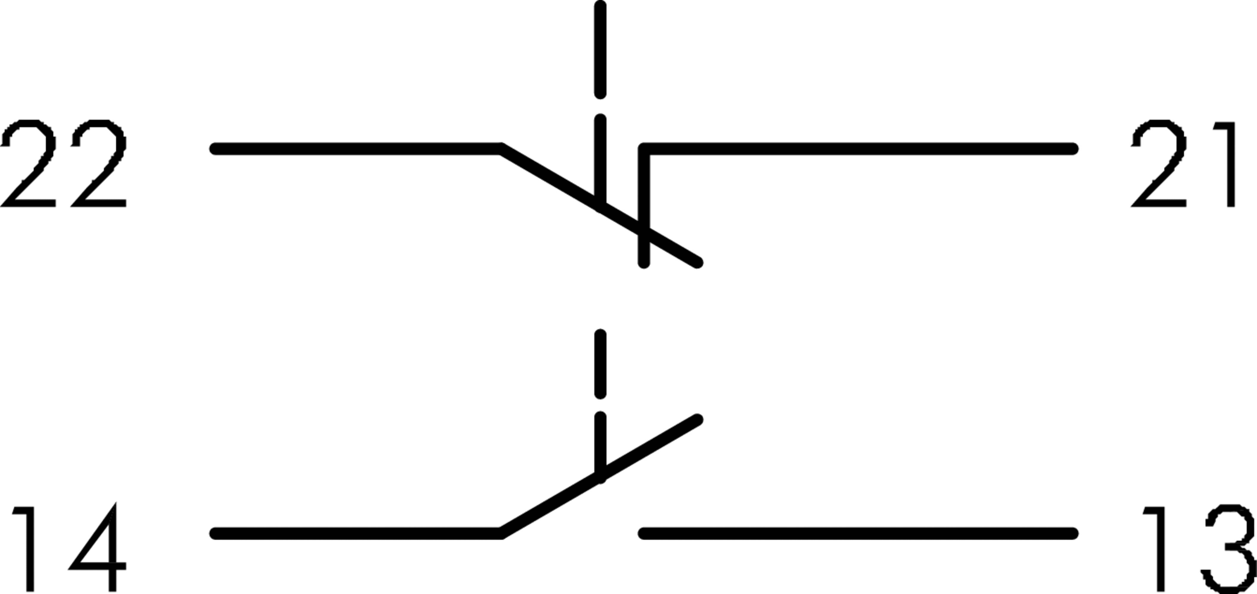 Diagram af to elektriske kontakter: øverste kontakt forbinder 22 til 21 når lukket; nederste kontakt forbinder 14 til 13 når lukket.