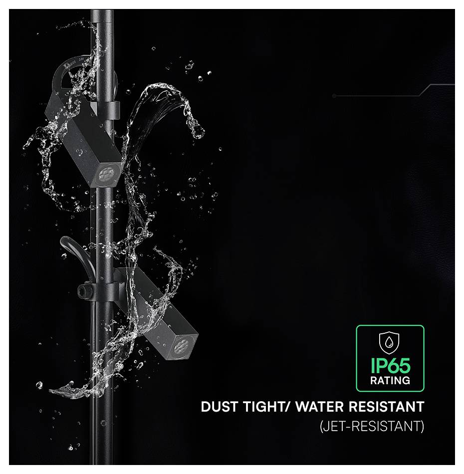 Sort lysarmatur vist med vand, der sprøjter over den, fremhæving af 'IP65-klassificering' og 'Støvtæt/vandresistent (stråleresistent)' beskyttelse.