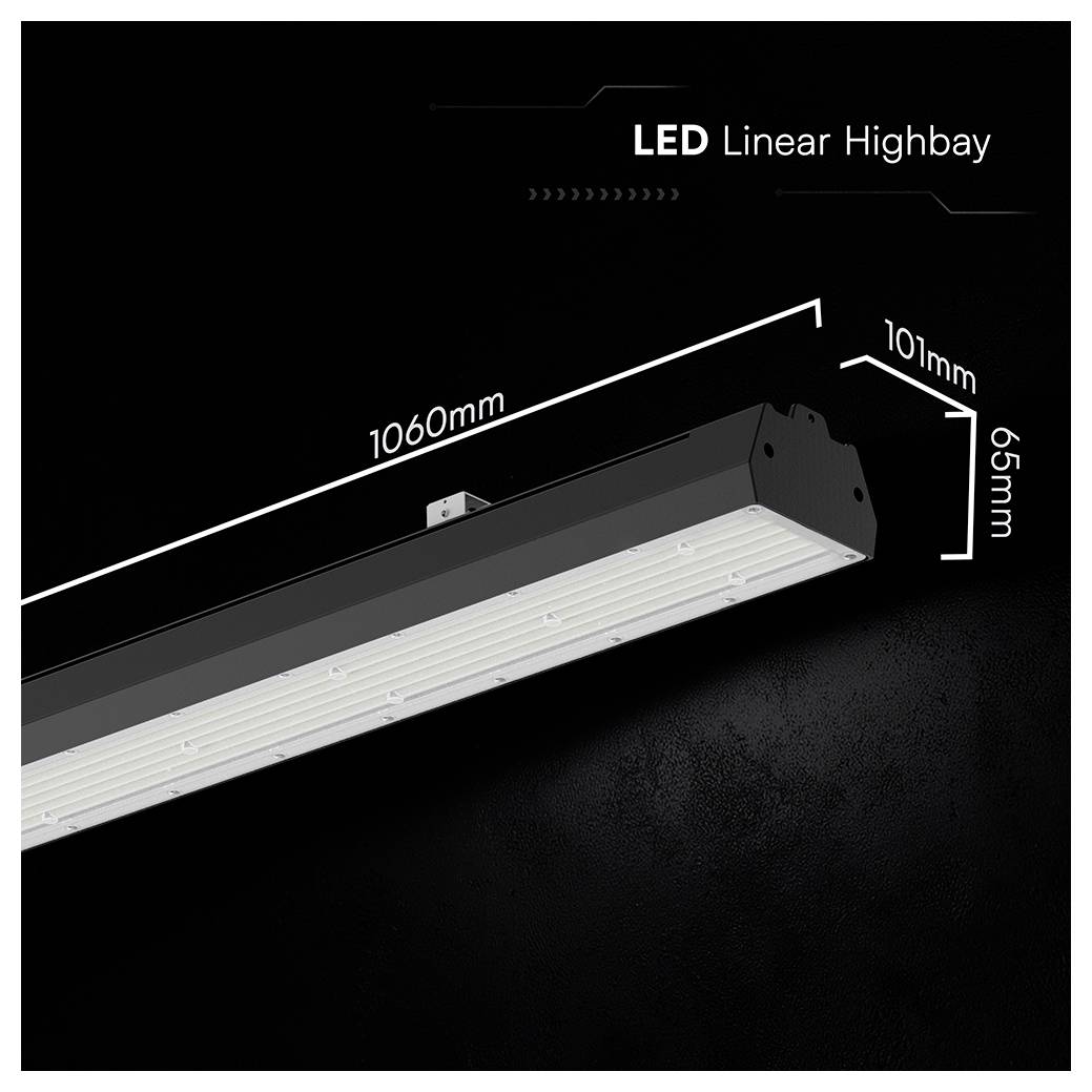 LED Linear Highbay lys vist med dimensioner: 1060mm længde, 101mm bredde og 65mm højde.