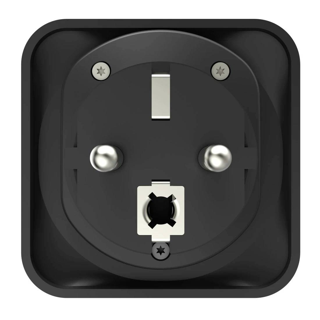 Frontalvisning af et sort europæisk elektrisk vægstik med to runde stikkontakter og en jordingskontakt.
