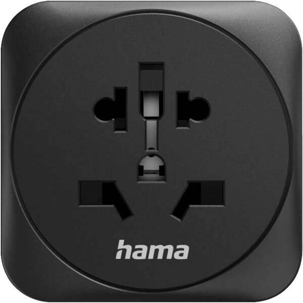 Sort Hama universalt strømudtags adapter med flere stikkontakter på en kvadratisk stikfladeplalade.