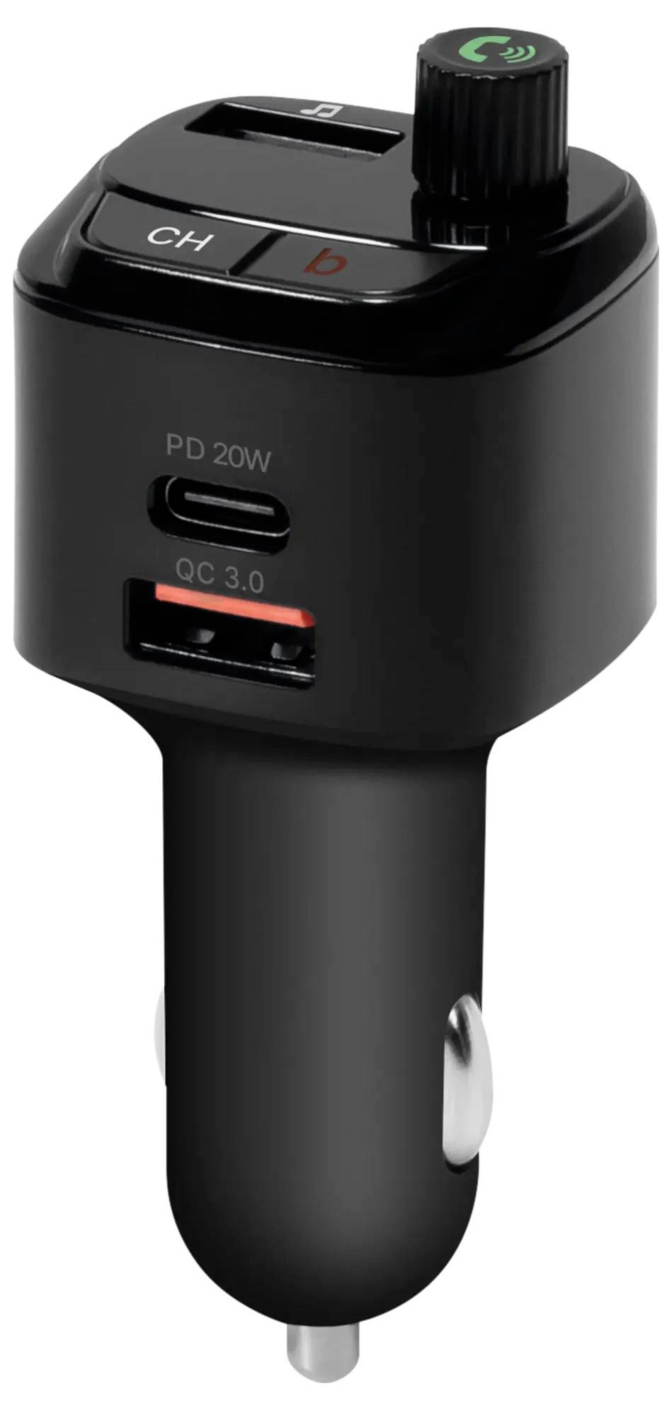 Sort bil Bluetooth FM-transmitter og oplader med USB- og QC 3.0-porte, drejeknap og 3,5 mm audiojack til bilmusik og opkald