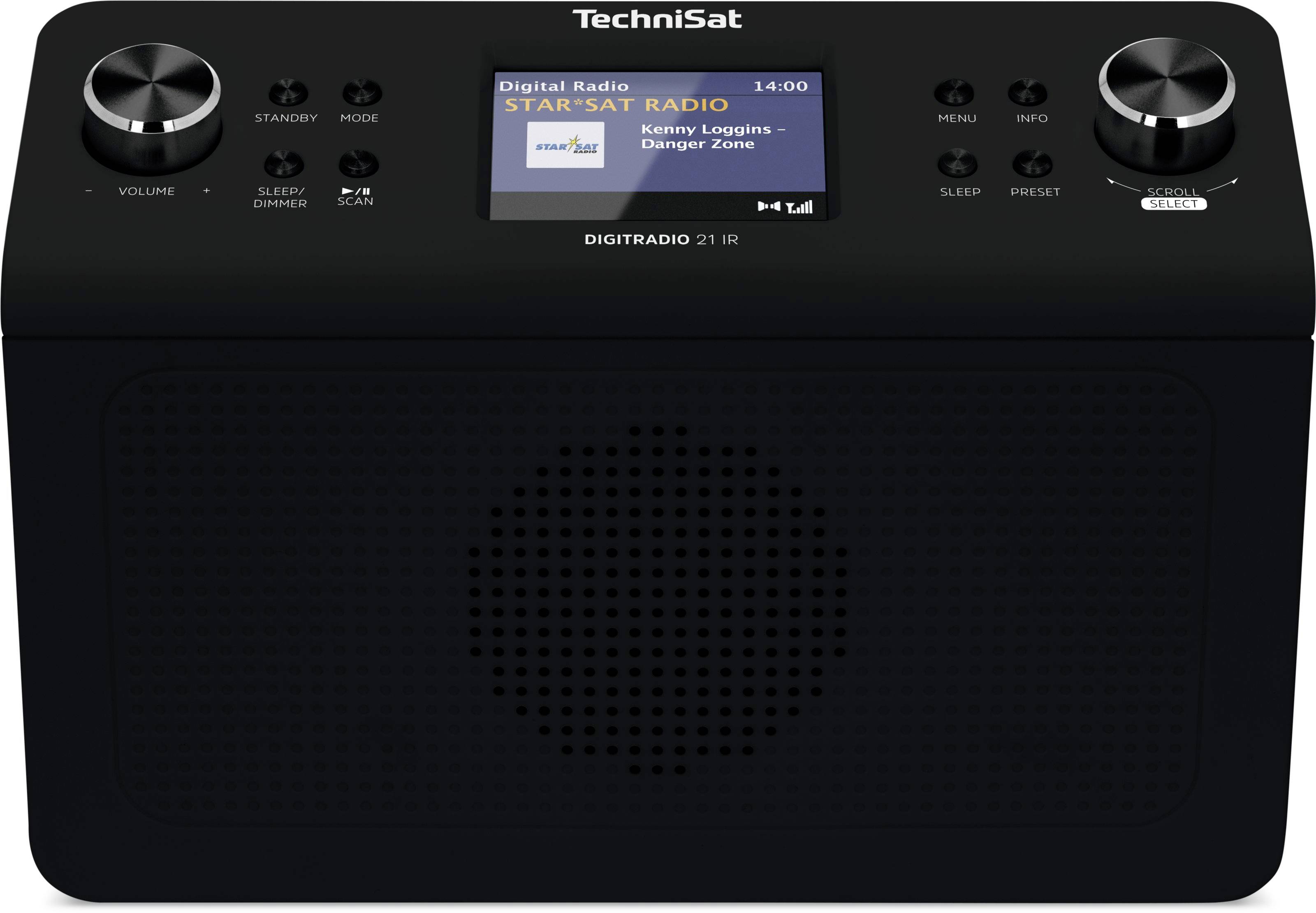 Sort Technisat digitalt radio med display der viser 'Digital Radio STARSAT RADIO' og station 'Kanny Loggins - Danger Zone'