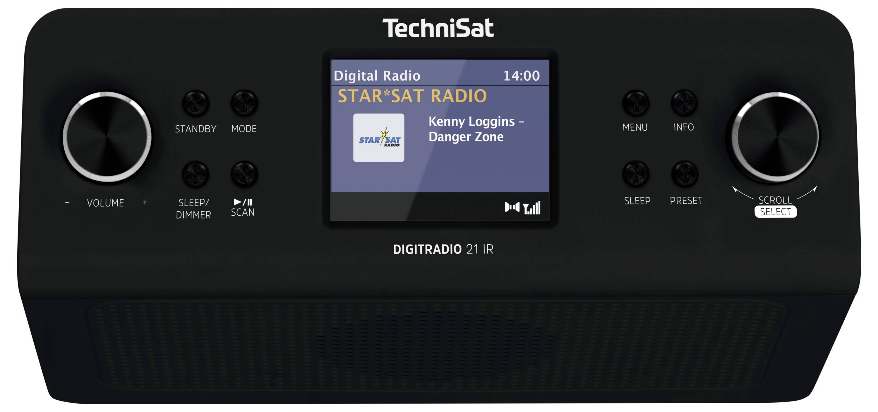 Frontvisning af en TechniSat DAB-radio med display, der viser 'Digital Radio', station 'STAR SAT RADIO', og nummer 'Kenny Loggins - Danger Zone' kl. 14:00.