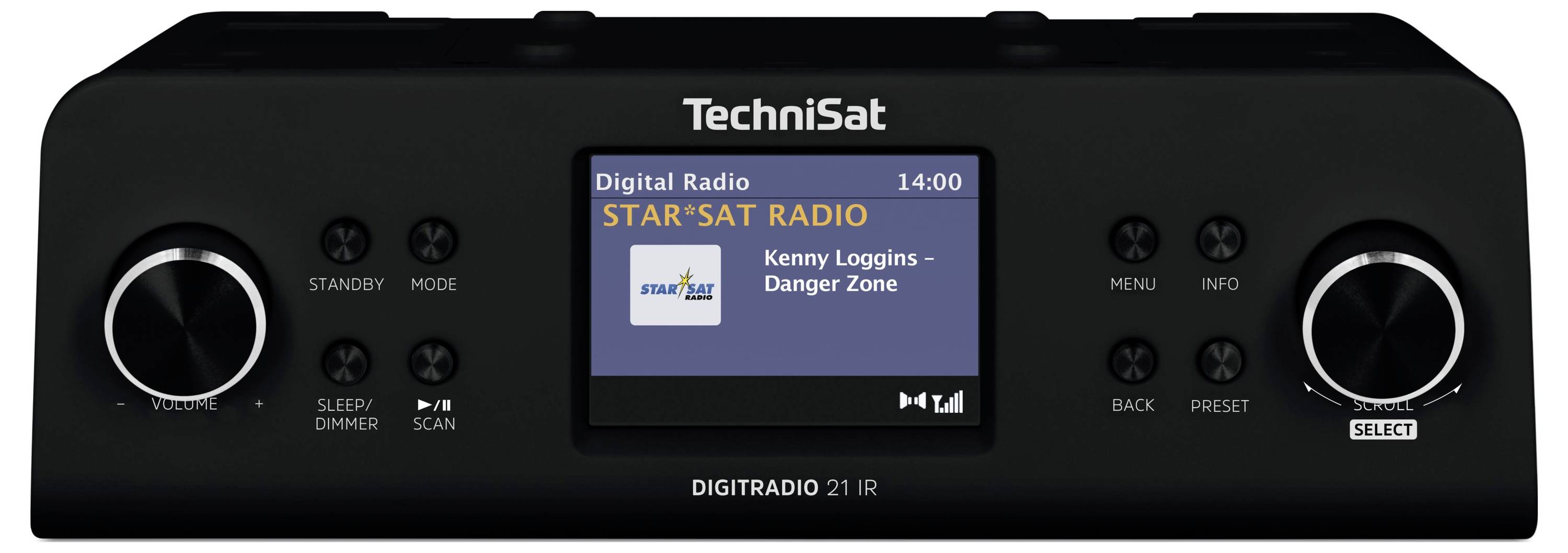 Frontvisning af en TechniSat digitalradio, der viser displayet indstillet til STAR SAT RADIO med "Harry Loggins - Danger Zone" og tiden 14:00.