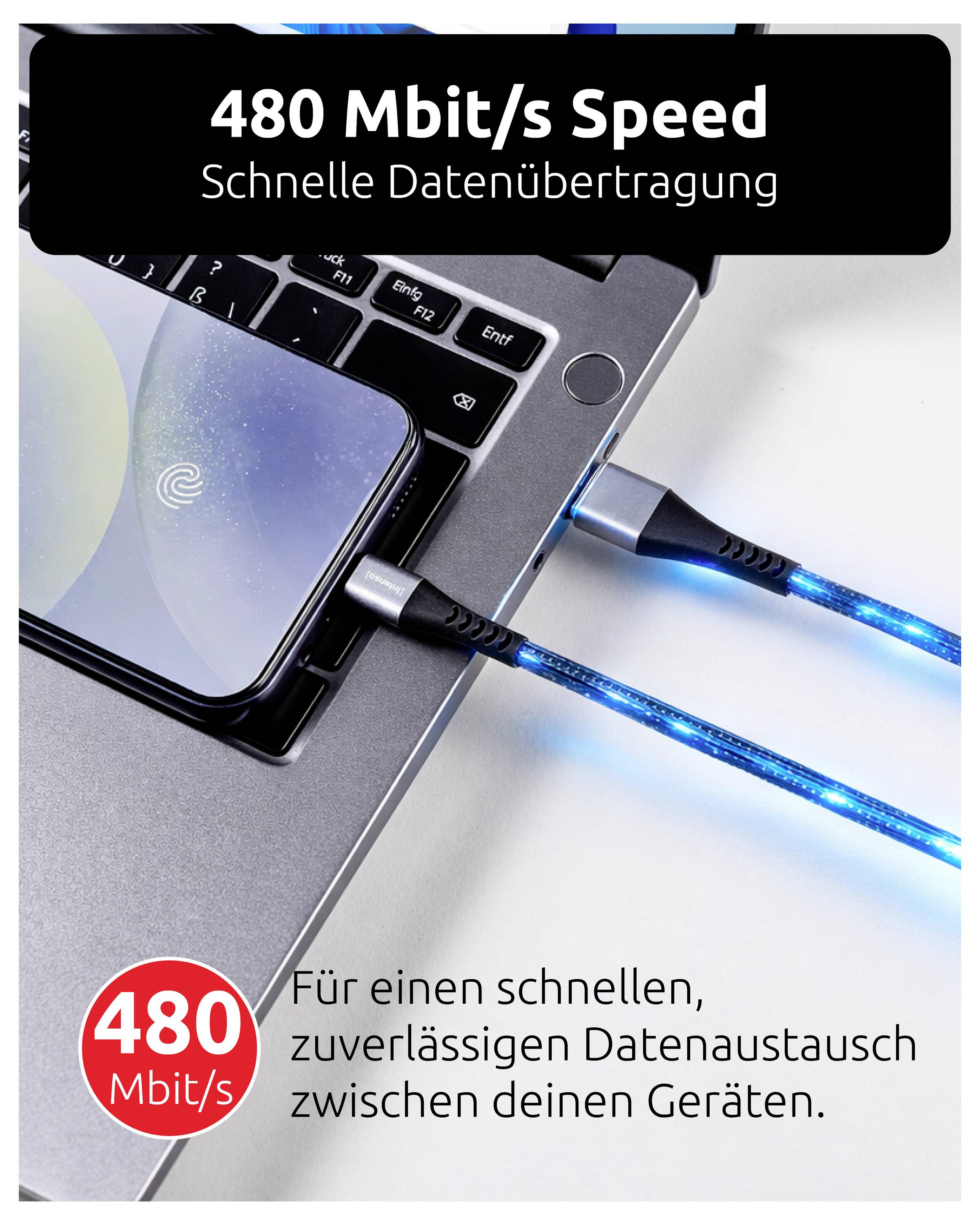 Promotionelt grafik af en telefon og bærbar computer forbundet med lysende blå kabler, der fremhæver "480 Mbit/s hastighed" og "hurtig dataoverførsel" for hurtig og pålidelig dataoverførsel mellem enheder.