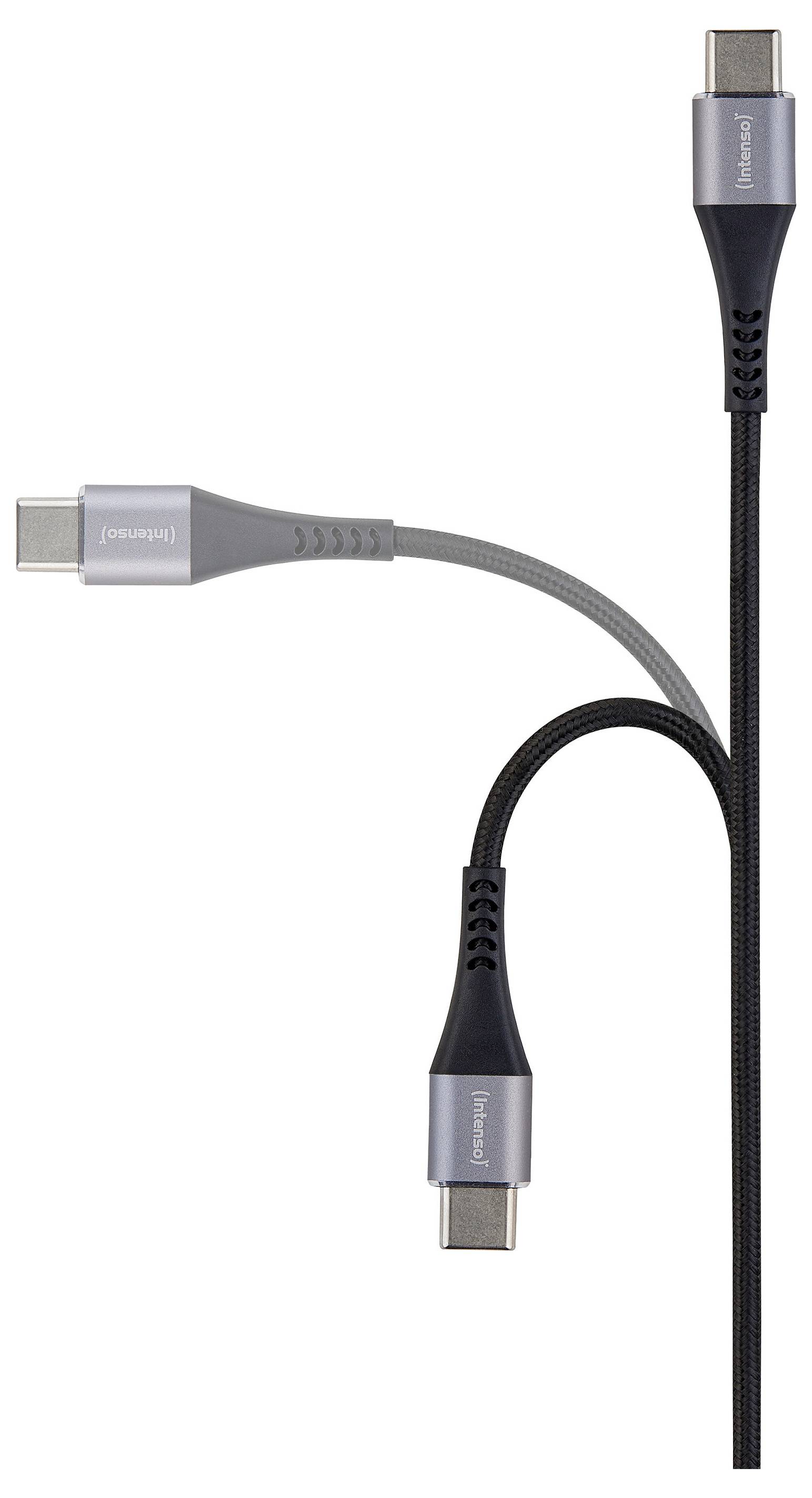 Tre USB-C-kabler i grå og sort, vist med én lige og to buede stik på hvid baggrund.