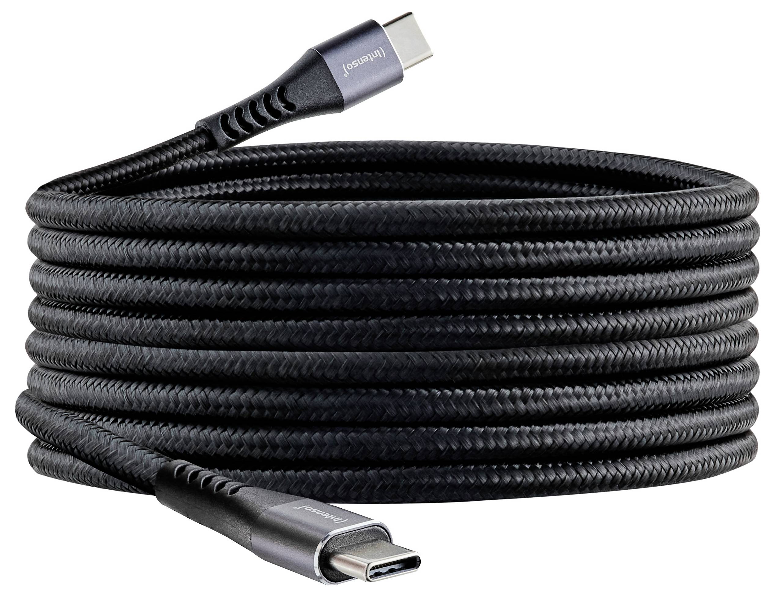 Snoet sort USB-C-opladningskabel med stik vist i begge ender på hvid baggrund.