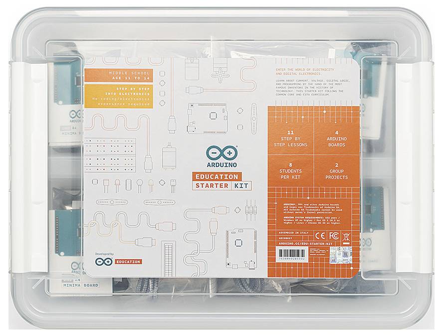 Arduino Education Starterkit i en klar plastikopbevaringskasse, der viser kasseetiketten og medfølgende komponenter til elektroniklæring.