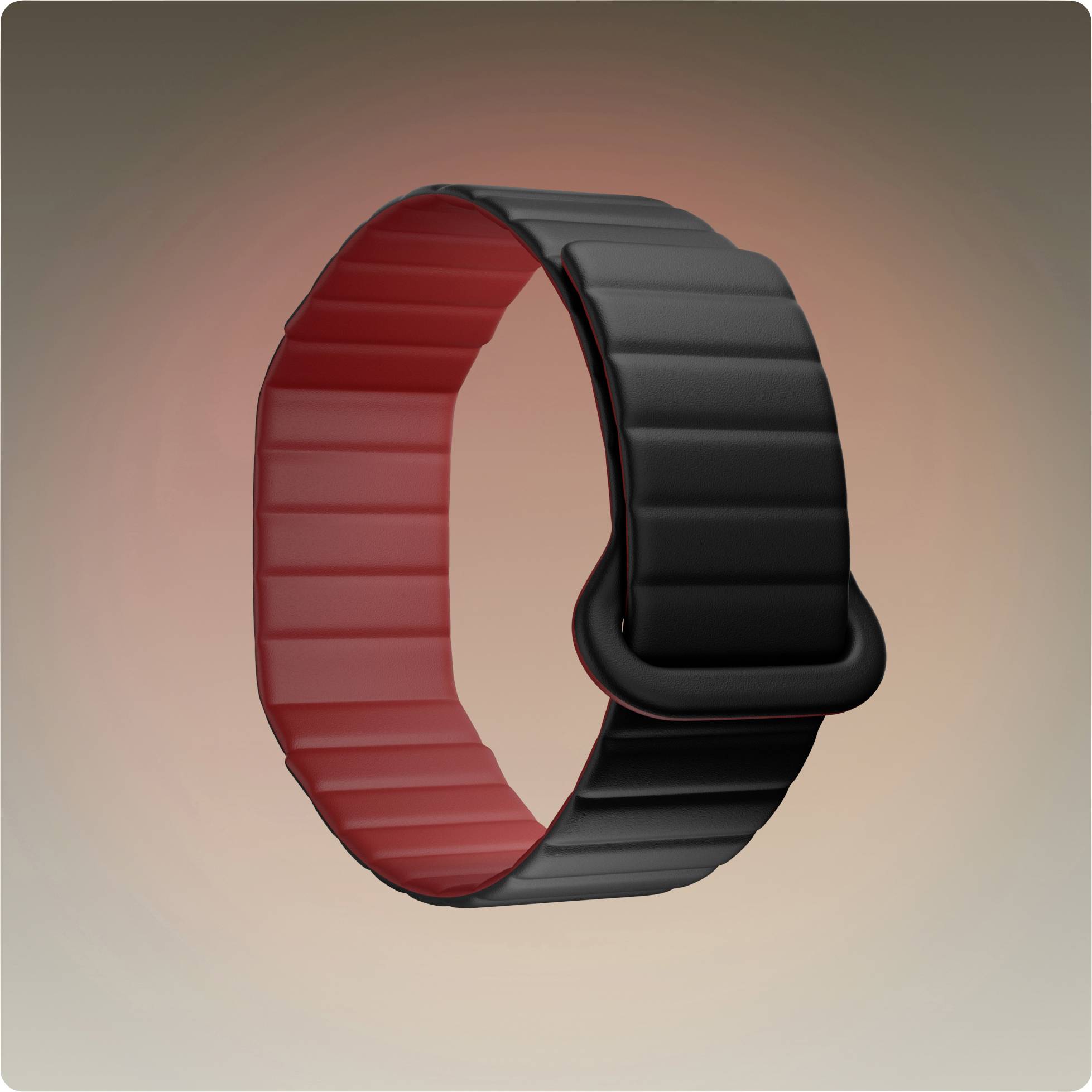 3D-rendering af et sort bærbart armbånd med et rødt inderband, vist mod en blød gradientbaggrund.