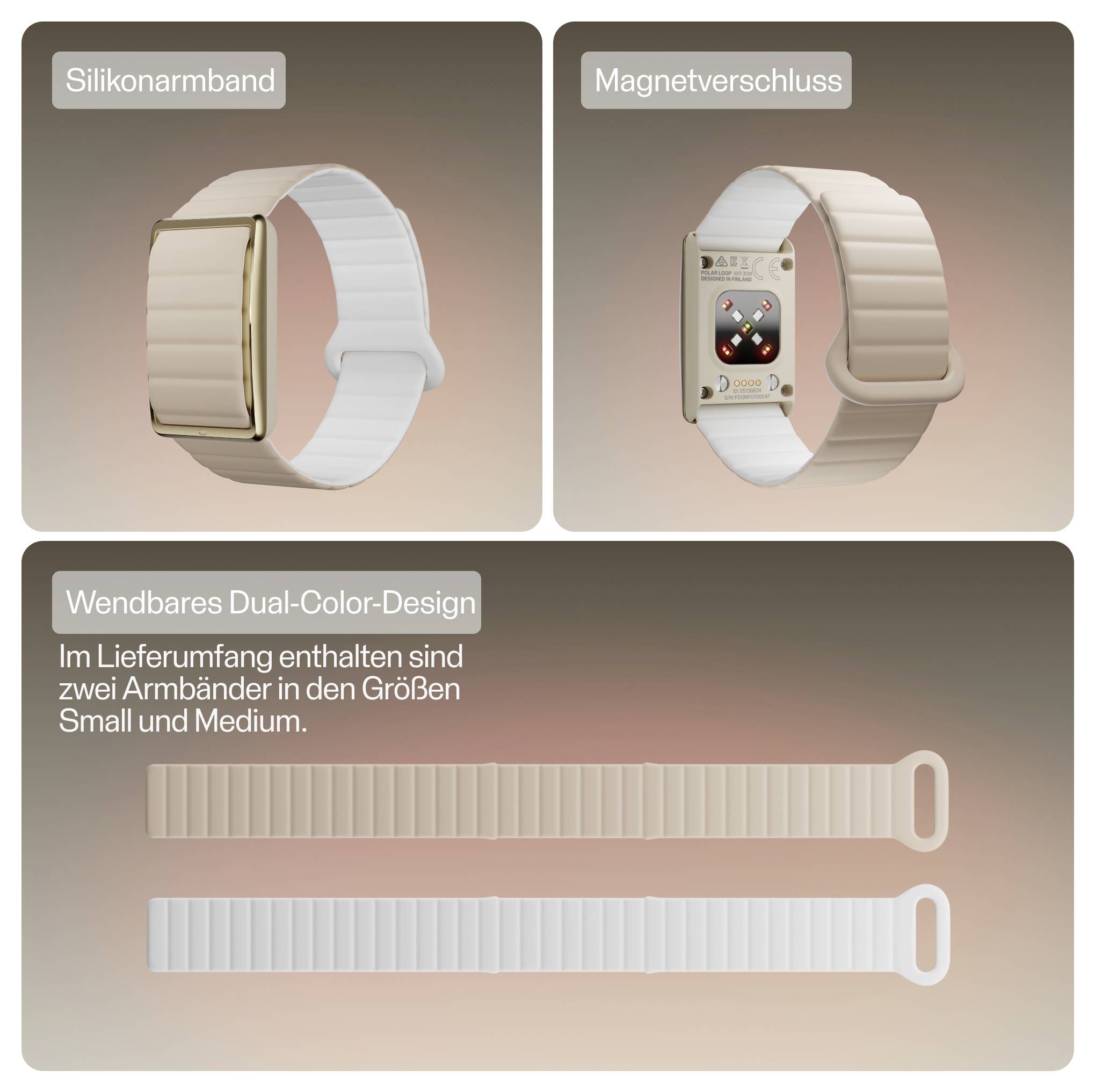 Produktgrafik, der viser et smartwatch-bånd i to farver med silikon og magnetisk lukkemekanisme; teksten siger, at to stropper er inkluderet i størrelse Small og Medium.